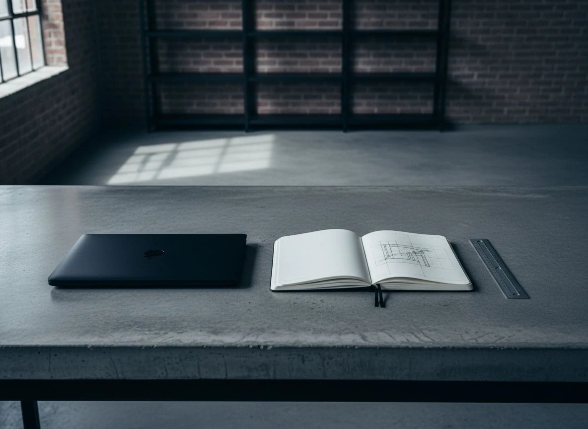 A minimalist desktop with a laptop, notebook, and ruler on a concrete surface, representing a systematic diagnostic process in an architectural studio.