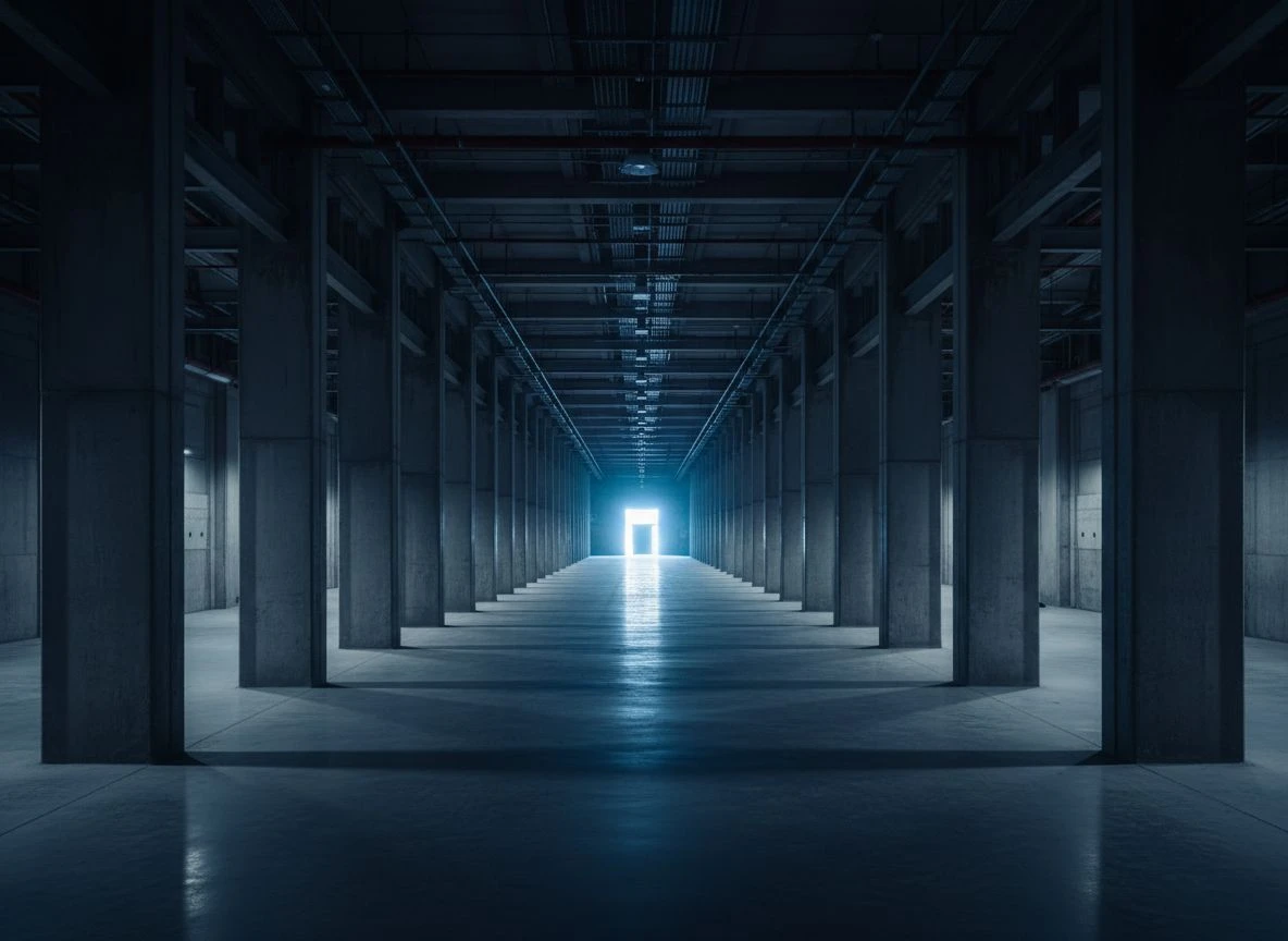 A long, empty industrial corridor with a receding perspective, symbolizing deep analysis and structural gaps.