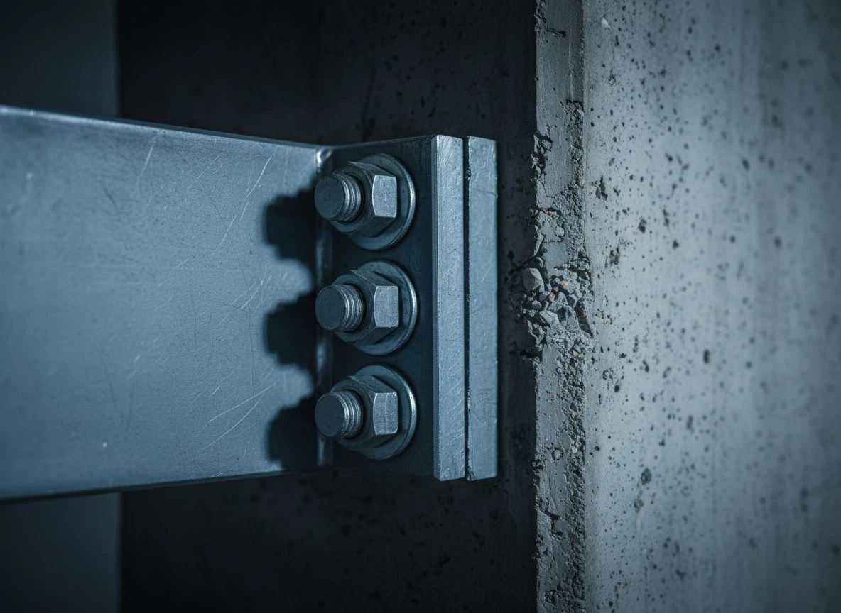 Extreme close-up of a bolted steel and concrete joint, symbolizing foundational structural connection and integrity.