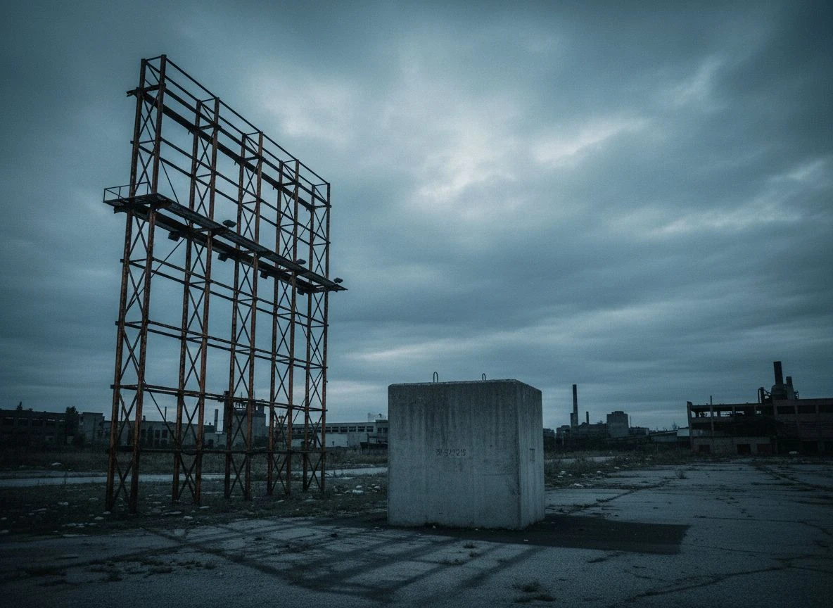 Empty billboard frame beside a solid concrete cube with a small serial number, twilight atmosphere