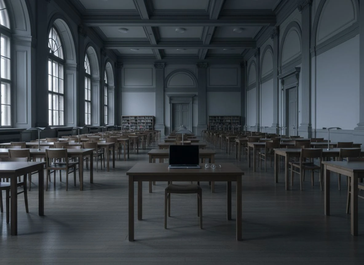 Empty library reading room with a single desk, laptop, and glasses, symmetrical perspective