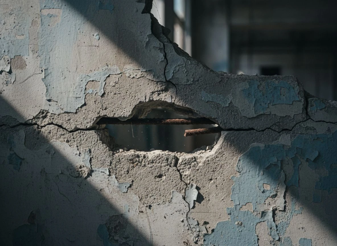 Close‑up of a cracked concrete wall with exposed rebar, side‑lit, monochrome feel