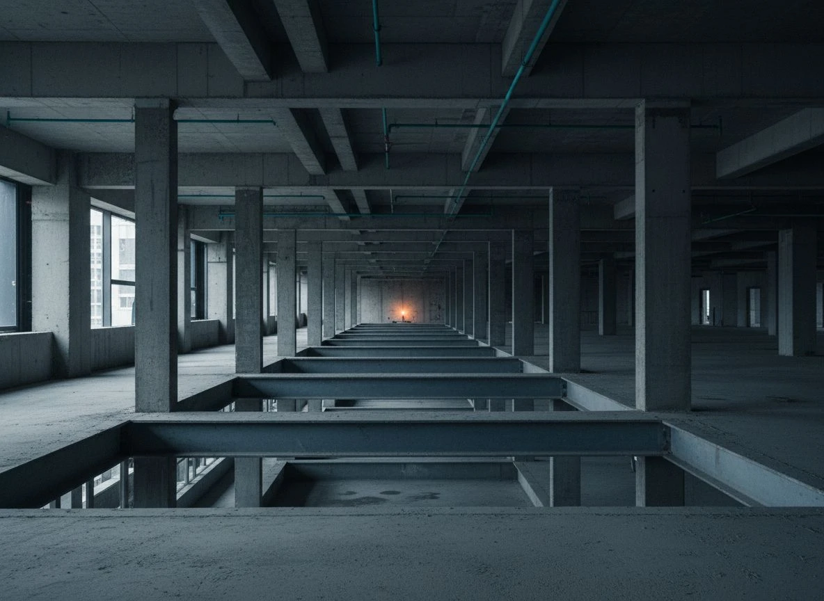 Layered steel and concrete framework of a partially constructed building, side‑lit with long shadows