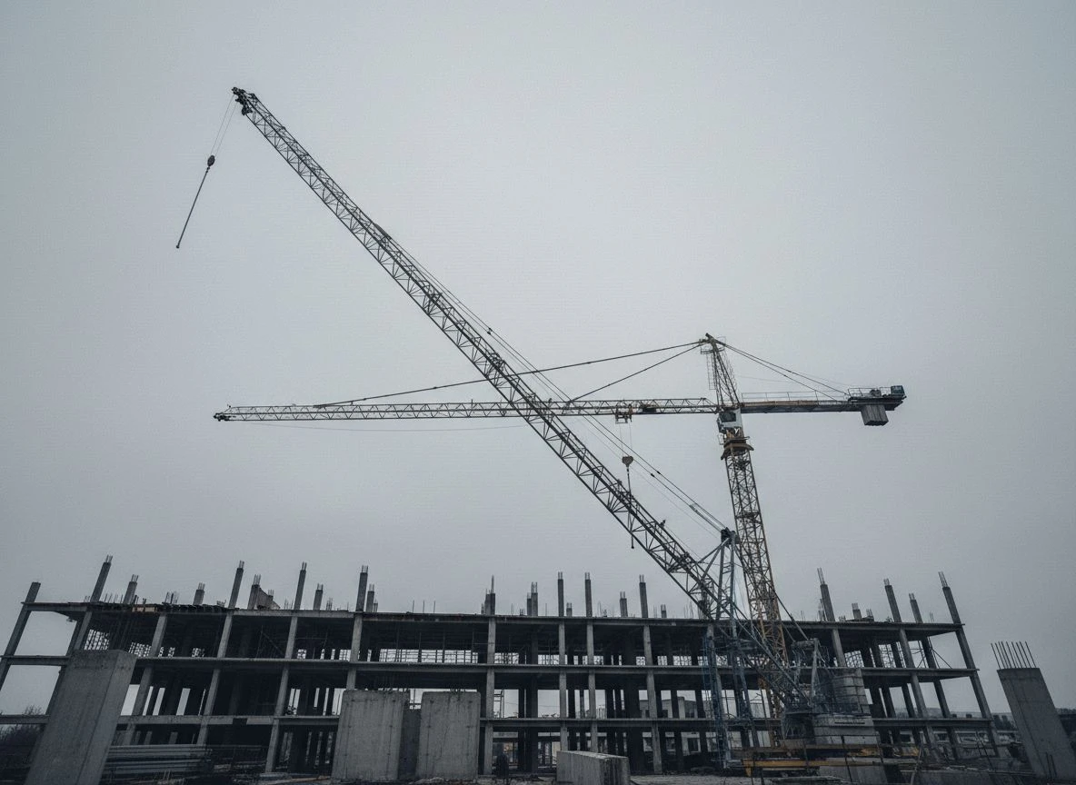 Two overlapping construction cranes against a grey sky, low angle view