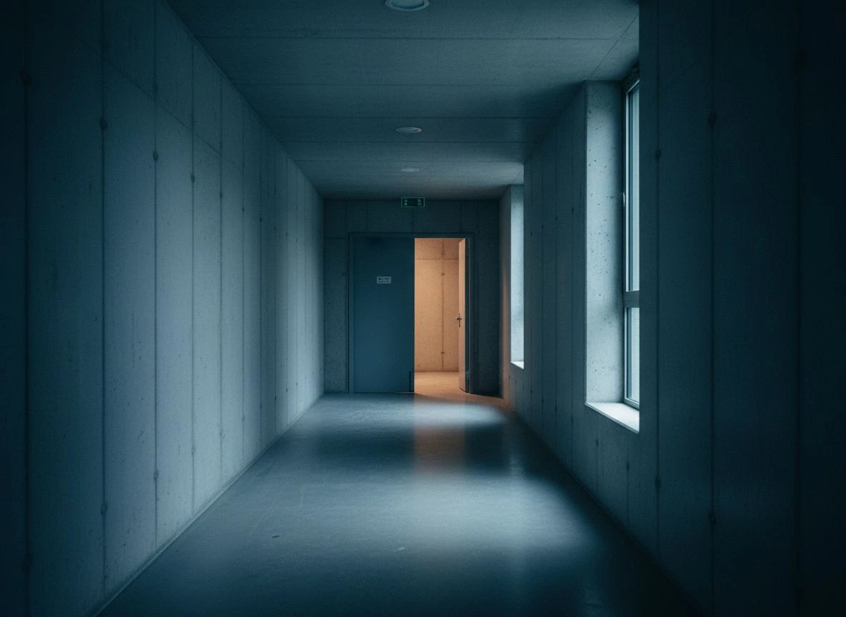 Empty institutional corridor with concrete walls and a single lit doorway at the end.