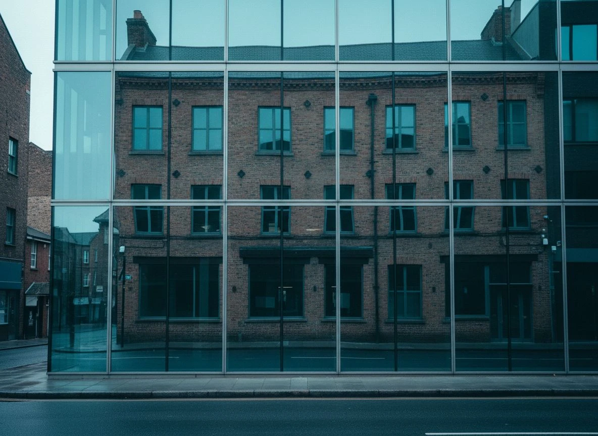 Modern glass facade reflecting an older brick building with distorted double image.
