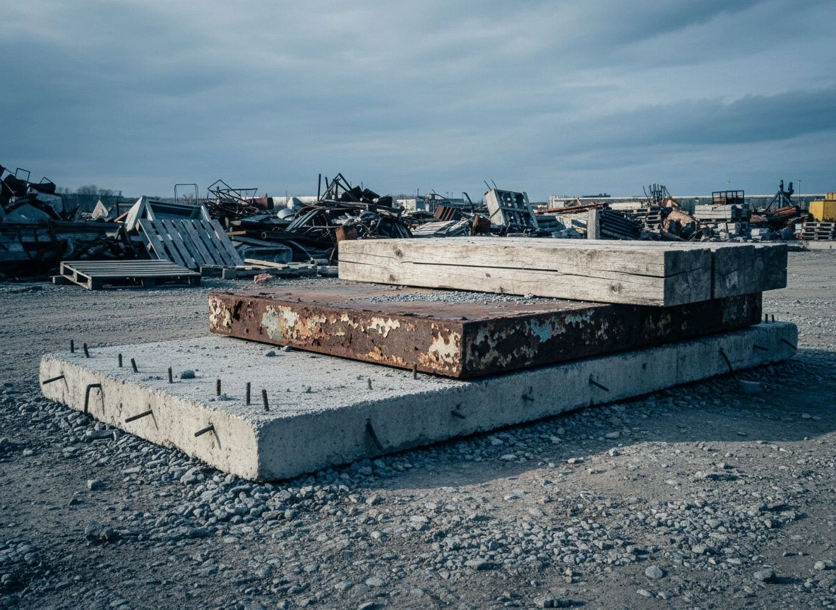 Three stacked layers of concrete, steel, and timber with side lighting emphasizing texture.