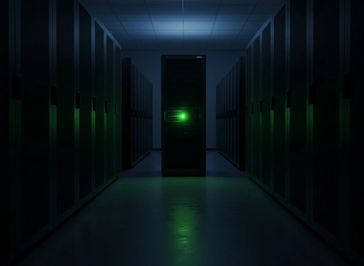 Data center aisle with one server glowing green, others dark, deep shadows