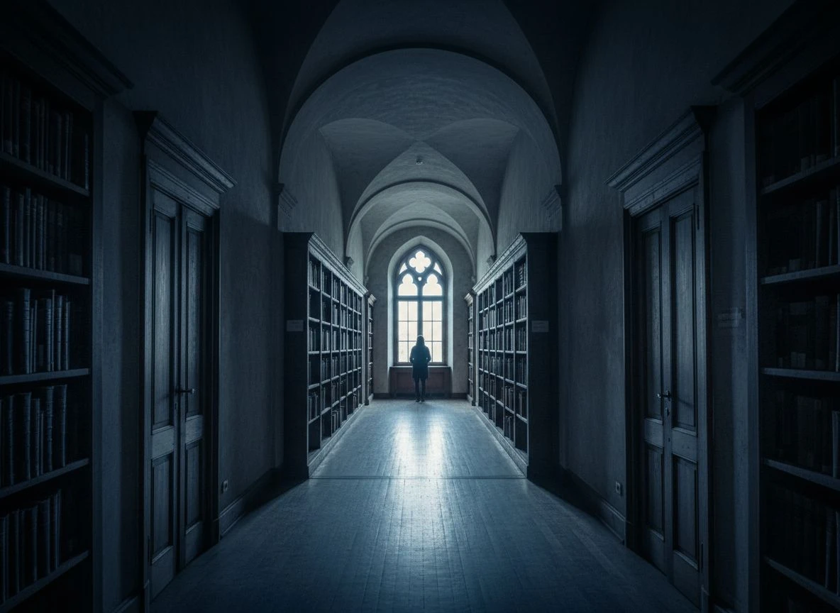 Empty library corridor with distant solitary figure, cool side lighting, deep shadows