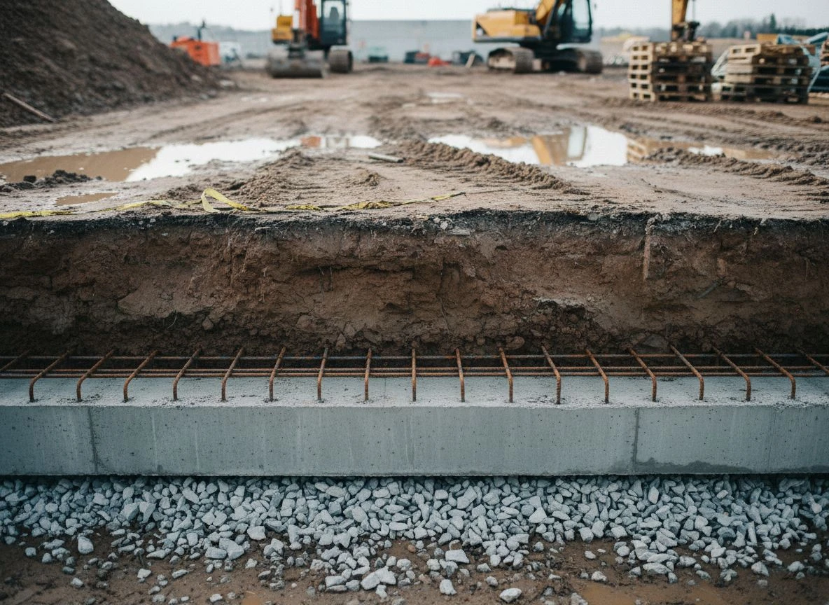 Cross-section of building foundation layers: gravel, concrete, soil, ground