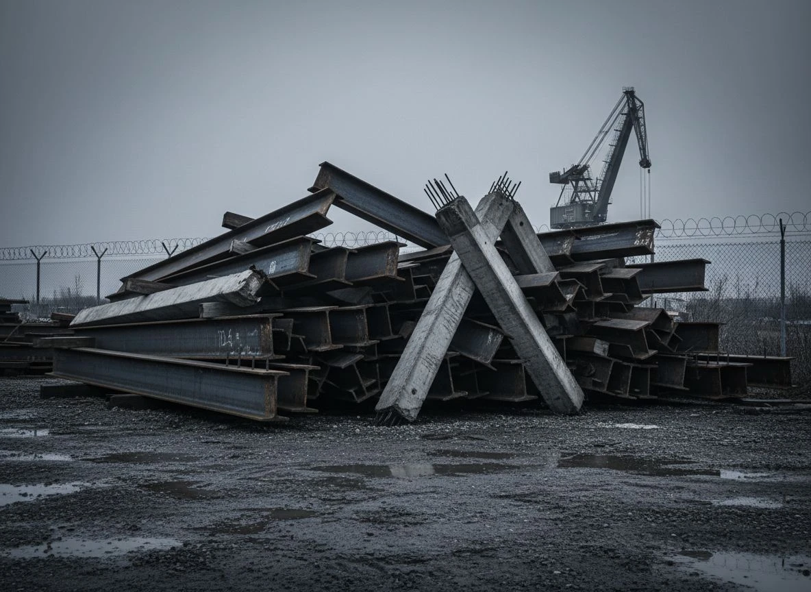 Pile of steel beams and concrete columns in industrial yard, overcast cool light