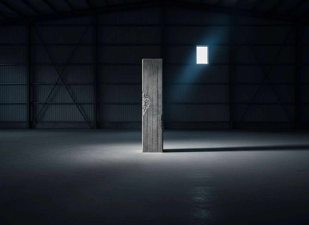Single concrete column in empty warehouse, isolated by a shaft of cool light