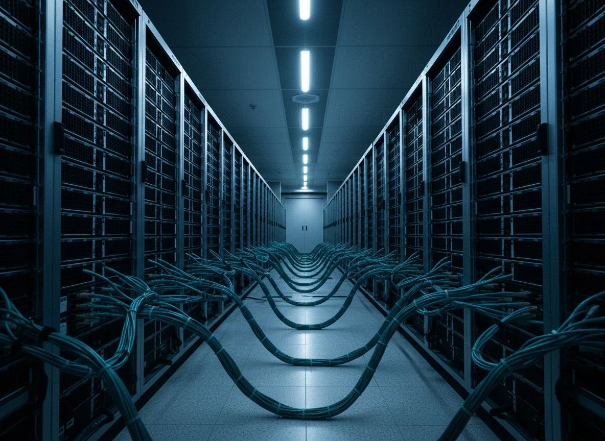 Abstract view of server racks in a dim data center corridor with organized cables and cool blue light