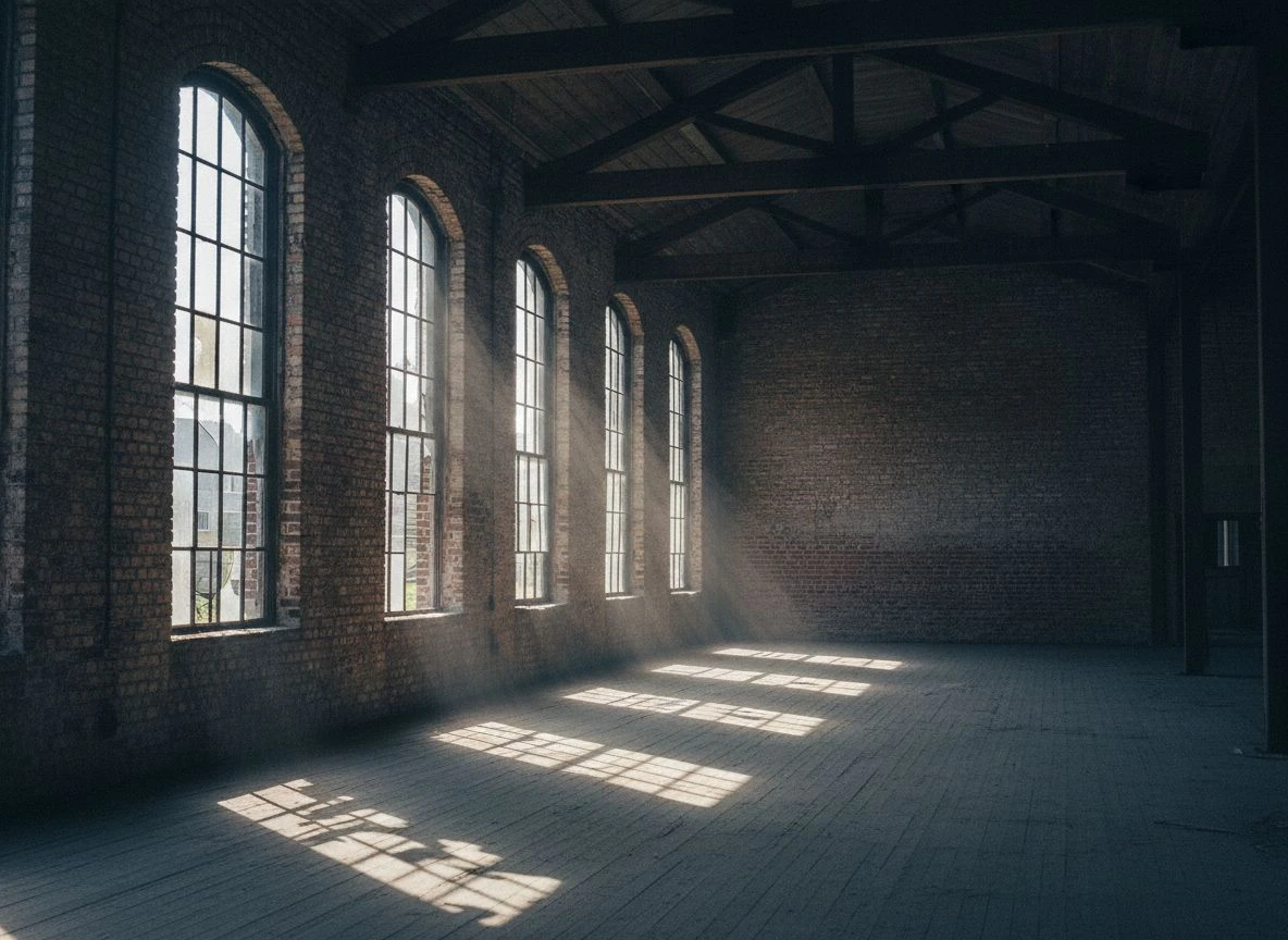 Empty abandoned brick factory interior with large iron-framed windows and side light