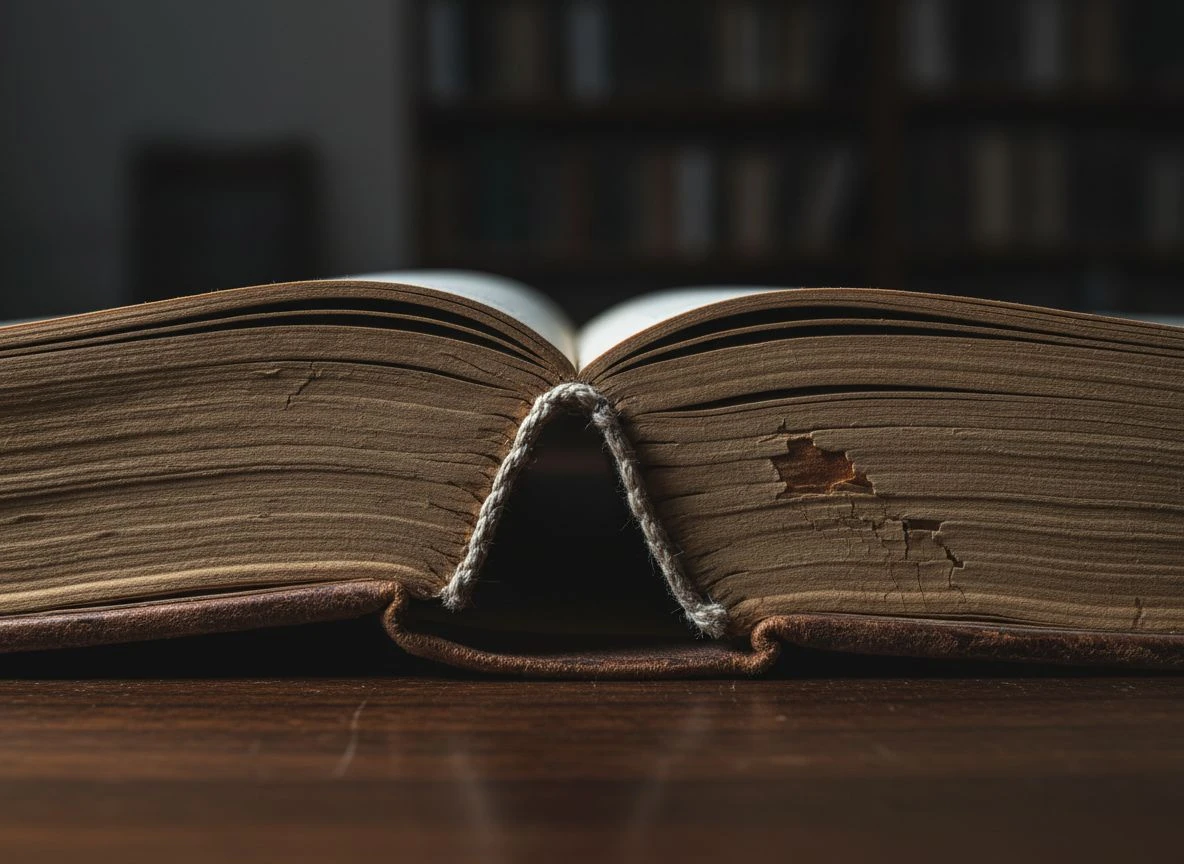 Close-up of an open vintage ledger book spine and page edges, side-lit, no text visible