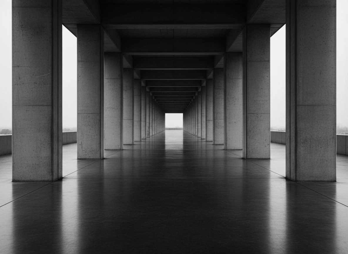 Symmetrical view of a concrete colonnade receding into the distance with cool shadows