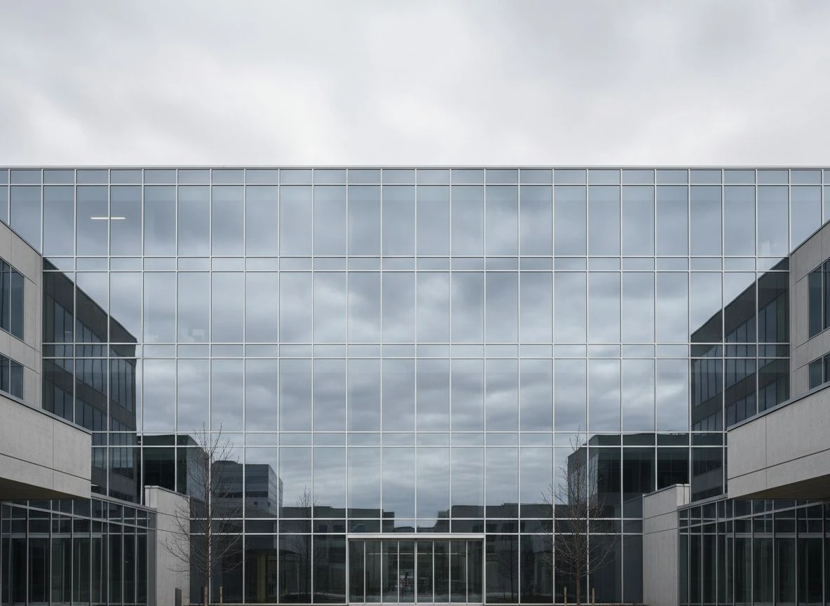 Modern glass and steel research building facade with cloudy sky reflection, cool tones