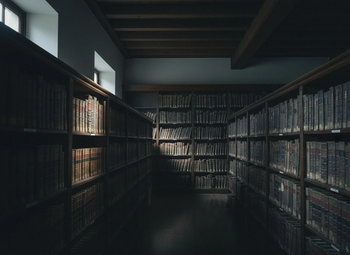 Every prior trust layer started as a fix for a practical problem and ended as a foundation. Interior of an old archive with rows of ledgers on wooden shelves, single light beam