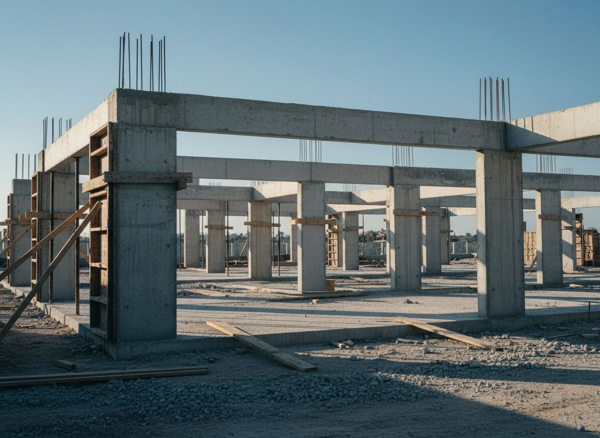 The structural truth of the AI era: every organization is either inside or outside the rising framework. Concrete and steel structural framework in late afternoon light, construction site with deep shadows