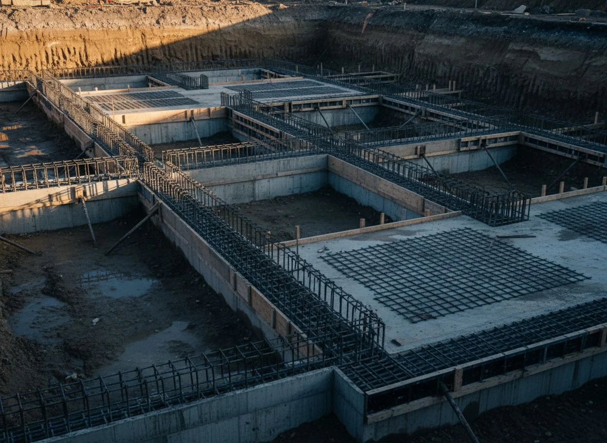 The layer beneath must be established before anything built above it can accumulate. Deep building foundation excavation with concrete footings and rebar in side light