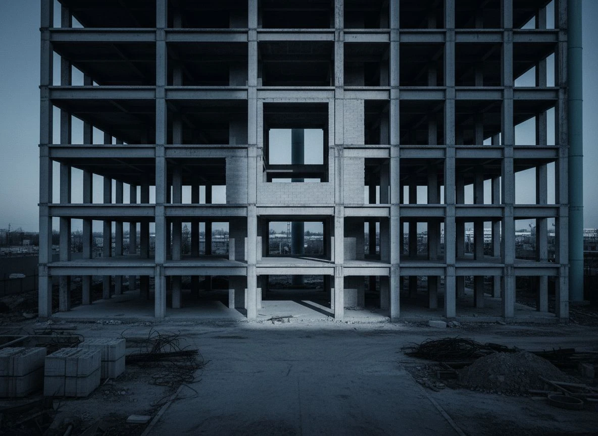 Vacant ontological space does not stay empty—it fills with whatever is most coherent in the information environment. Partially built steel structure with a missing beam section, deep shadows
