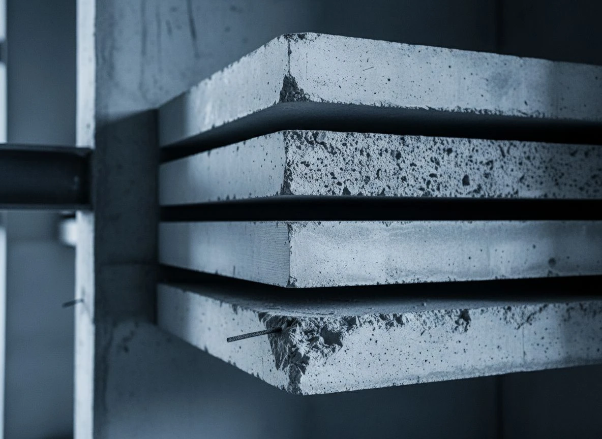 Identity sovereignty operates at three nested layers, each one independently vulnerable to forfeiture. Three layered concrete slabs in side lighting, abstract architectural detail