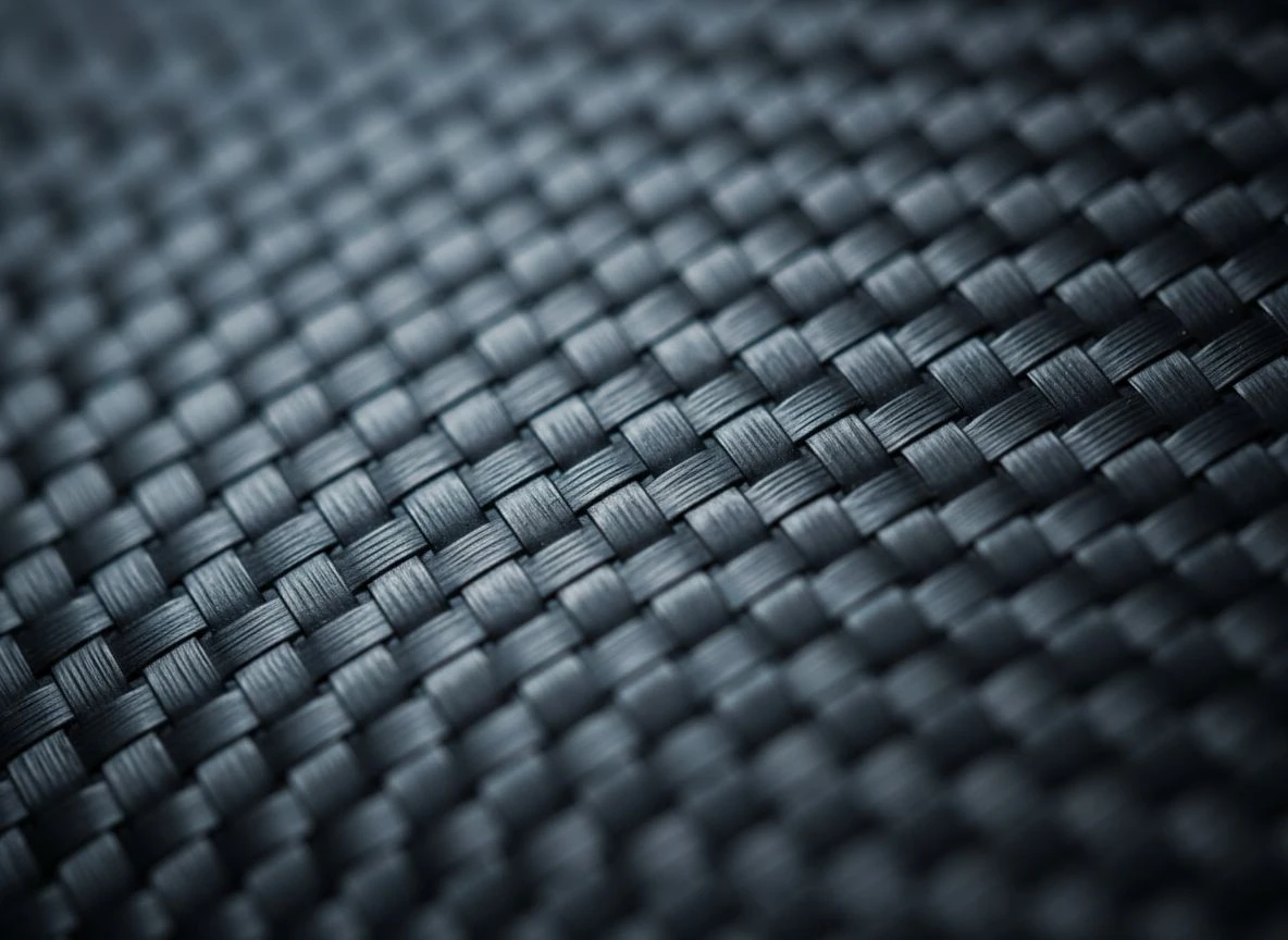 Close-up diagonal weave of black carbon fiber with steel-blue highlight and shallow depth of field