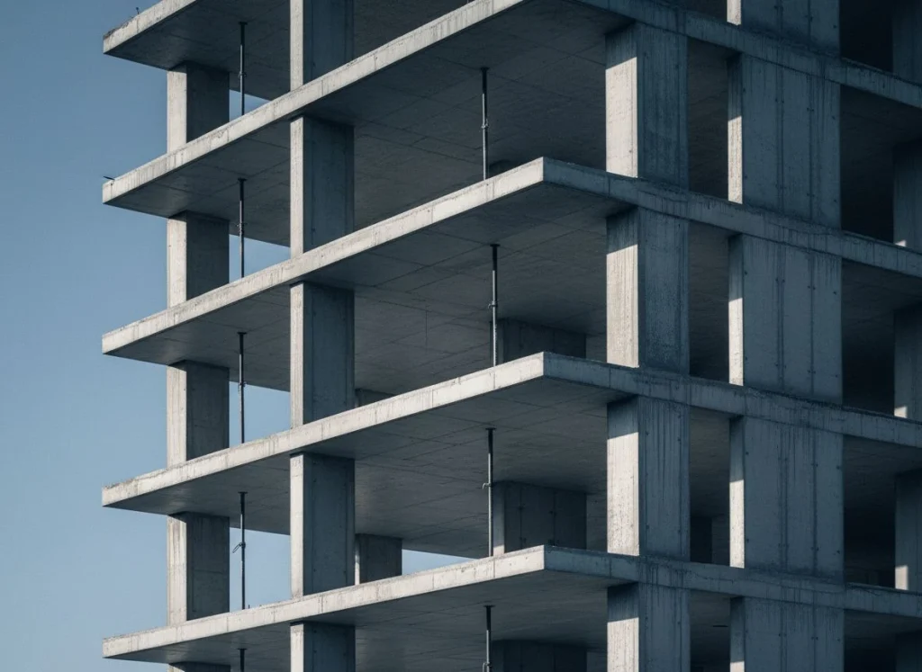 Four exposed concrete levels of a building framework under construction, side-lit with deep shadows