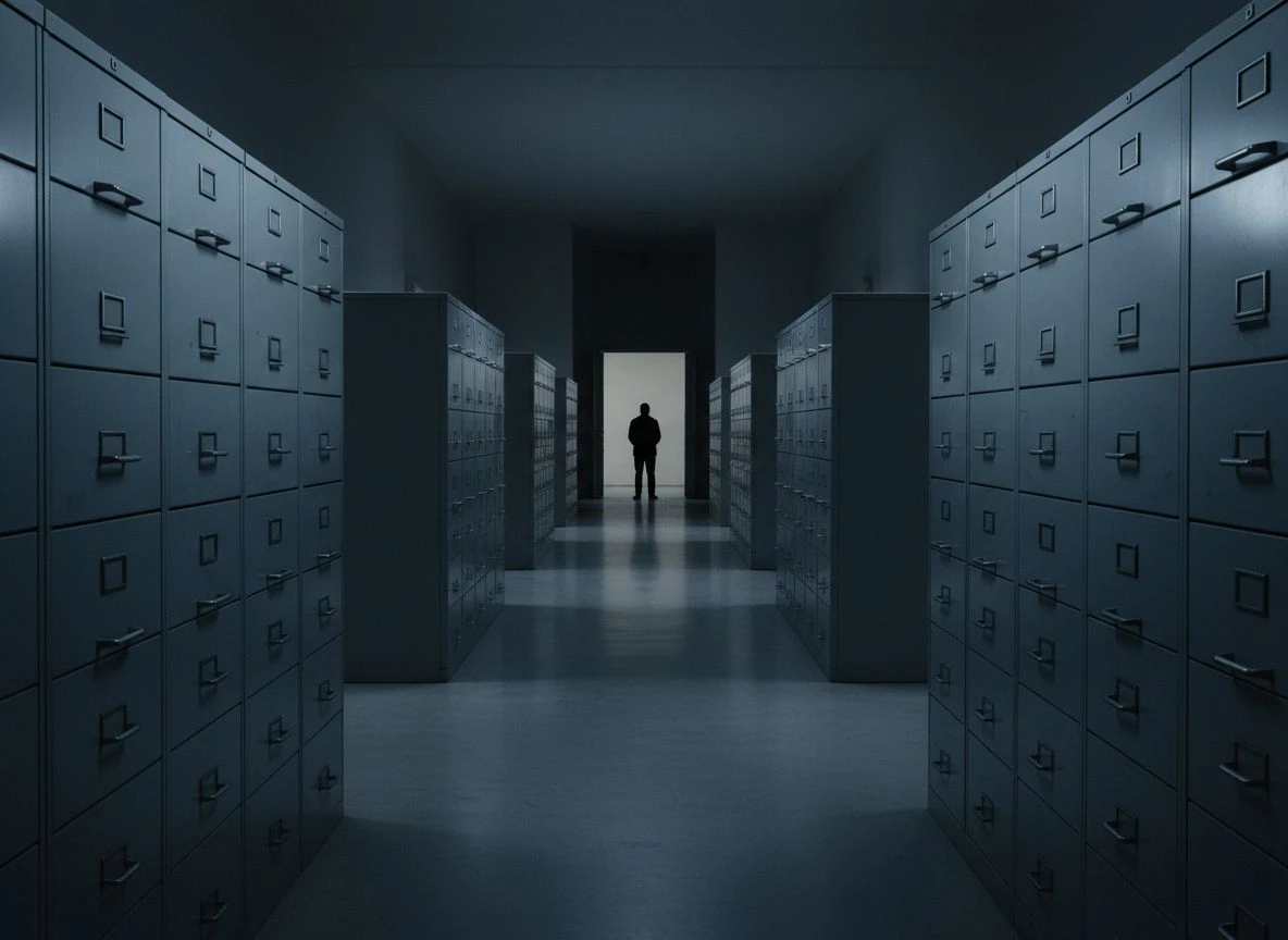 Long symmetrical corridor of grey metal filing cabinets with a single distant figure at the far end