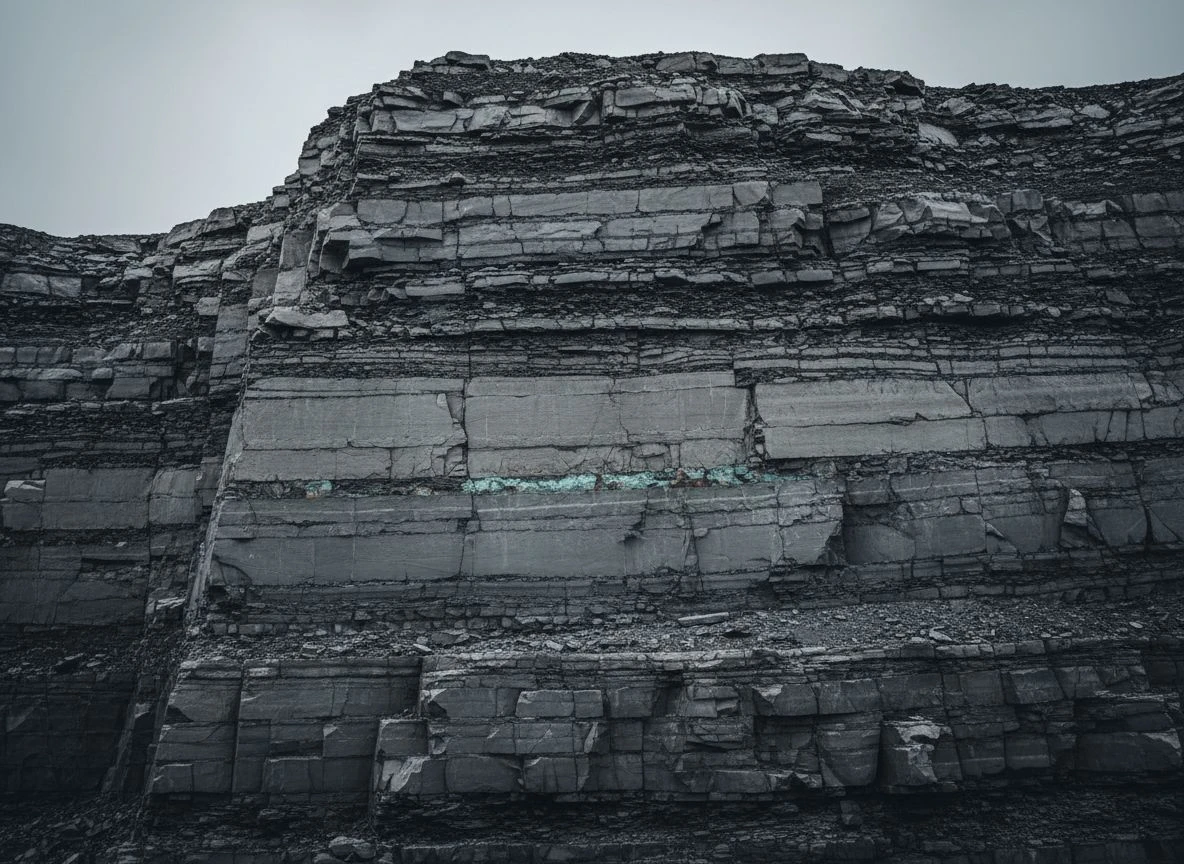 Vertical cross-section of layered sedimentary rock with a thin copper vein, cool grey palette