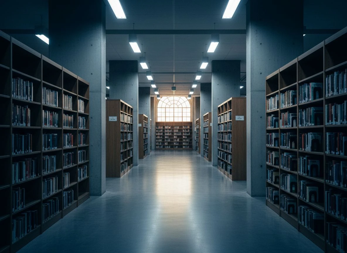 Empty library corridor with deep perspective and shadows from side lighting