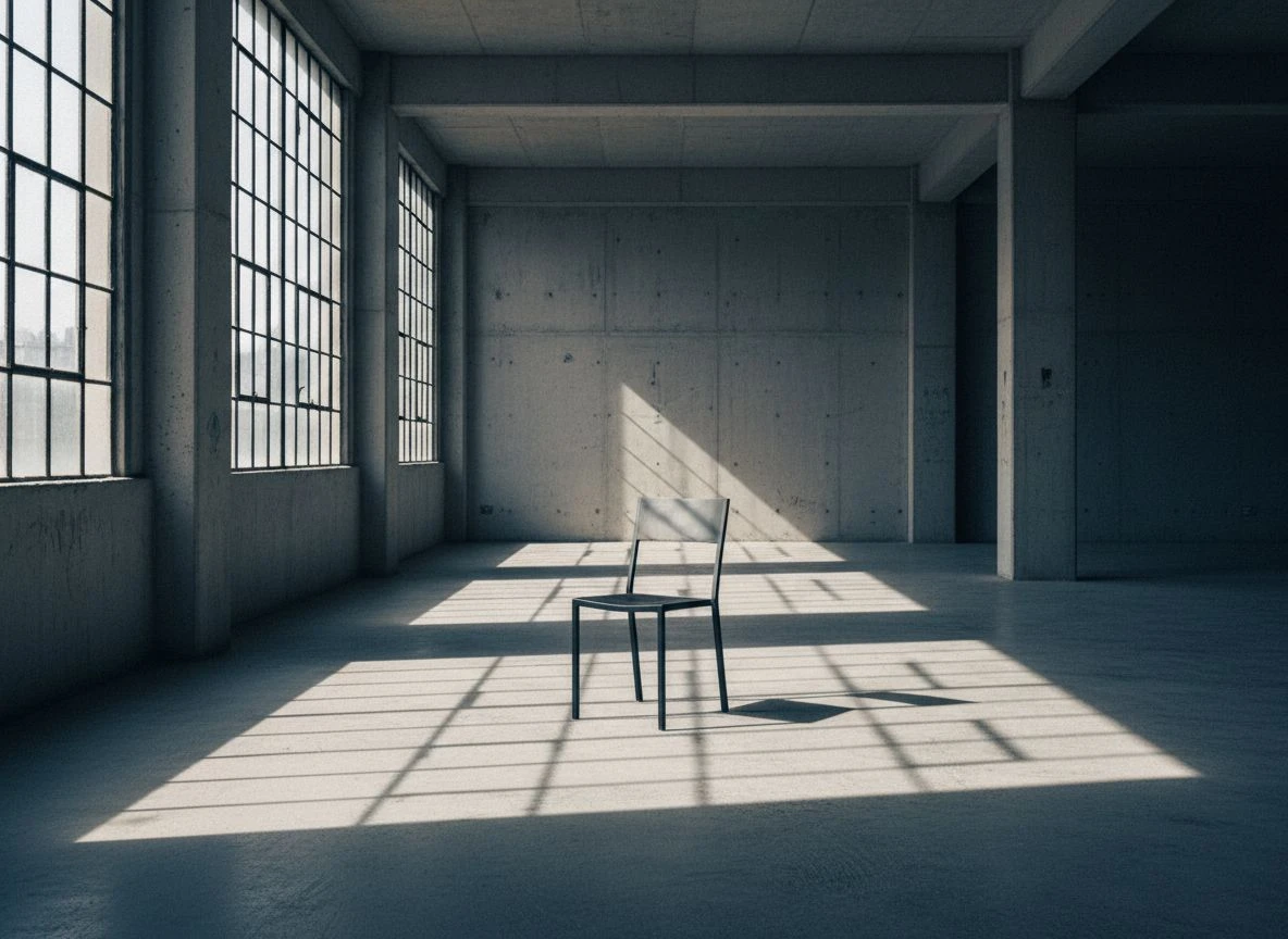 Empty chair in a concrete room with late afternoon side light and long shadows