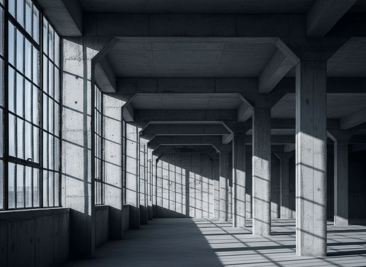 Exposed concrete and steel framework side-lit with deep shadows in an empty industrial interior
