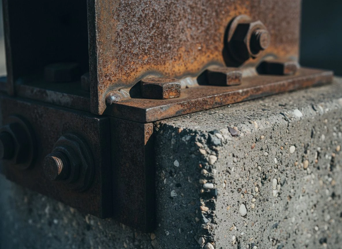 Close-up macro of a steel and concrete joint with raking light revealing texture and precision