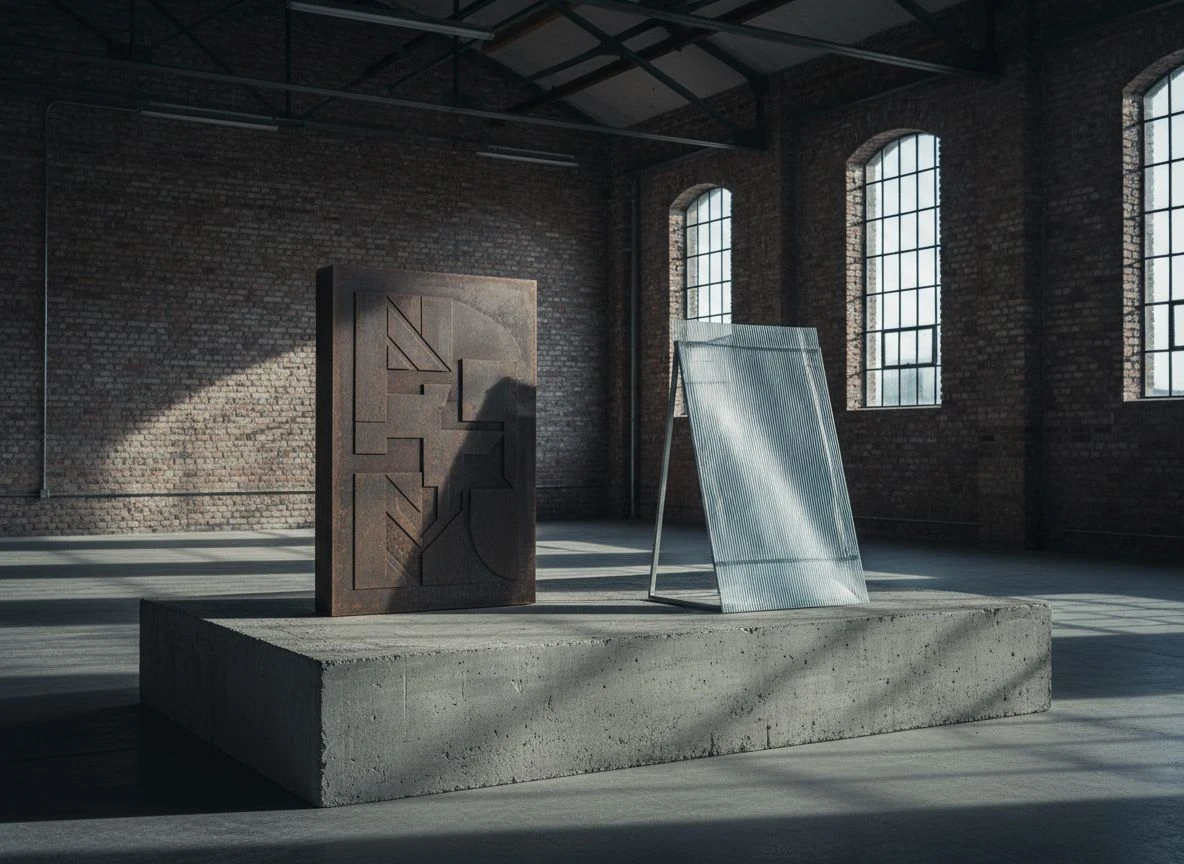 Two objects on concrete plinth: solid engraved steel slab and flimsy corrugated signboard