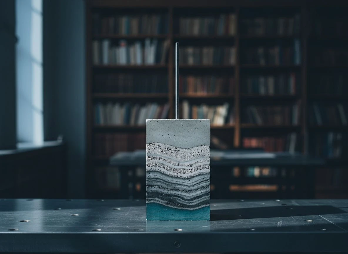 Concrete block with layered geological strata and a vertical steel rod piercing through