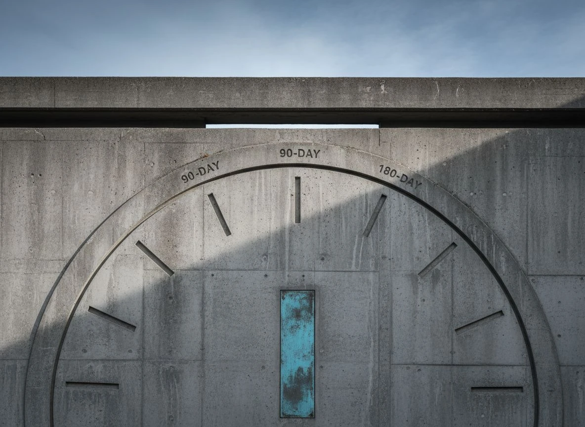 Brutalist concrete wall with handless clock face engraved with 90 and 180 day markers