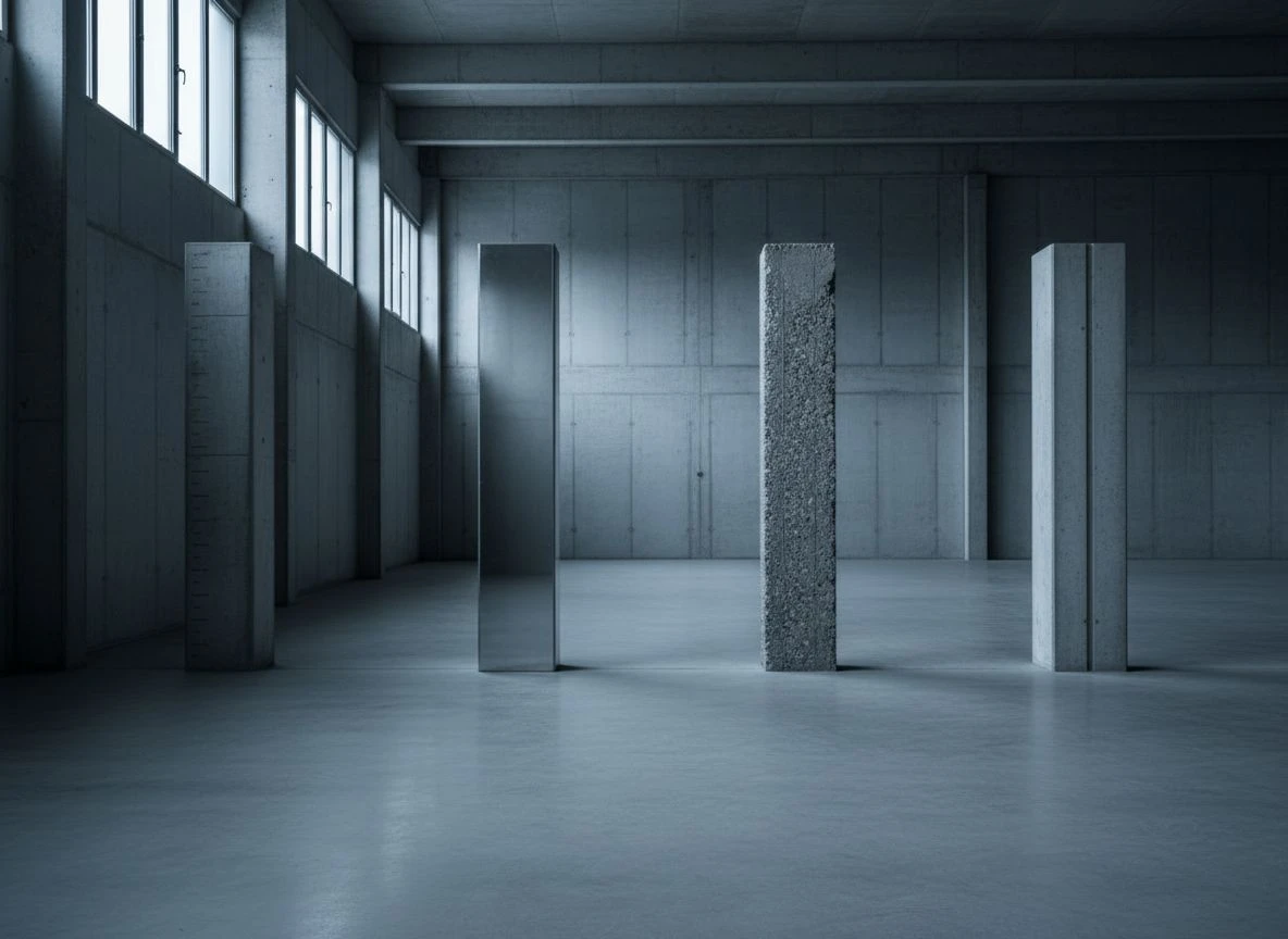 Four concrete pillars of different heights with distinct surface textures, side-lit in an empty industrial hall