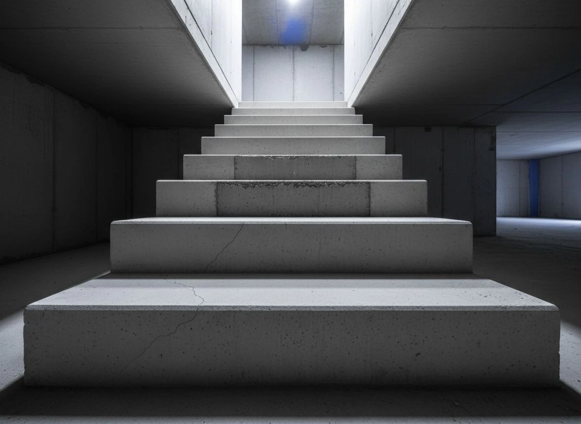 Concrete staircase with four levels of increasing size, lit from above with sharp shadows