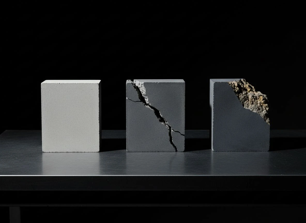 Three concrete blocks on a metal table, one smooth, one cracked, one with a missing corner, side-lit