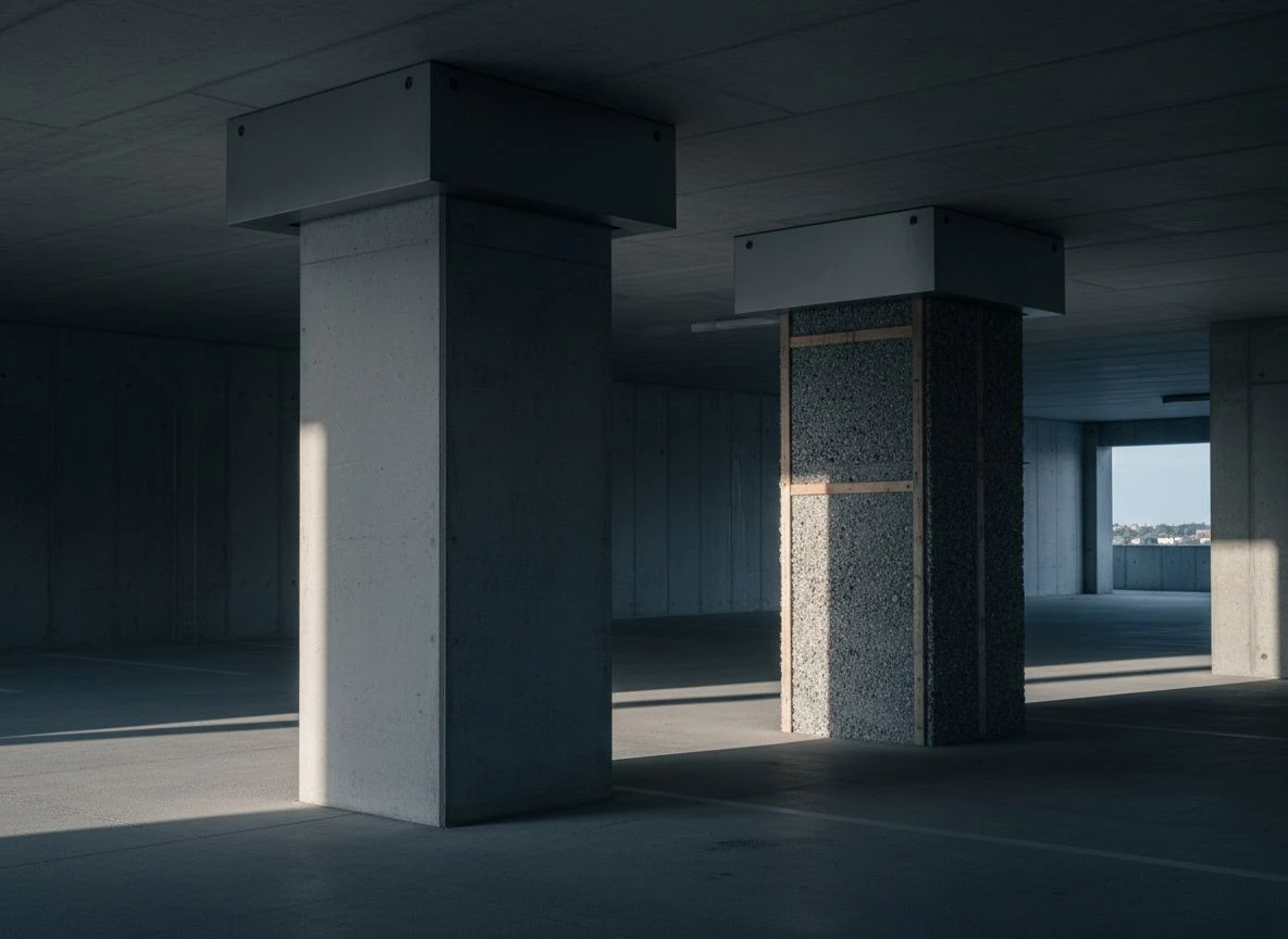 Two concrete columns side by side, one polished and one rough, connected by a steel cap, with strong raking light