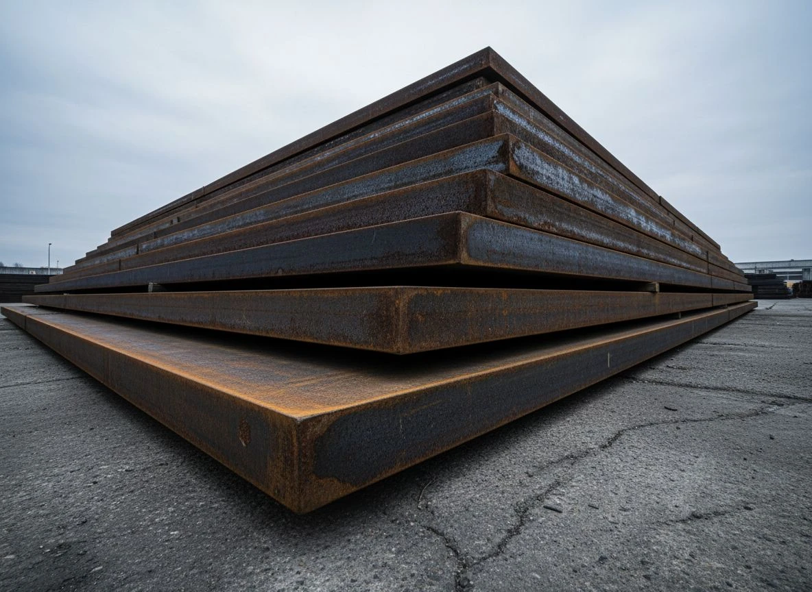Stacked weathered steel plates in an industrial yard, side-lit to show layered texture and weight.