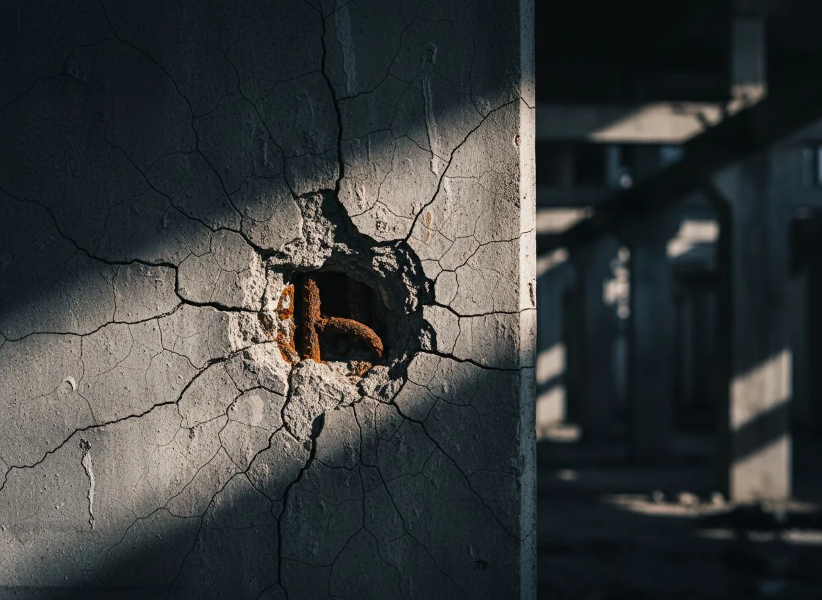 Close-up of cracked concrete with exposed rusty rebar and deep shadows, showing structural neglect.