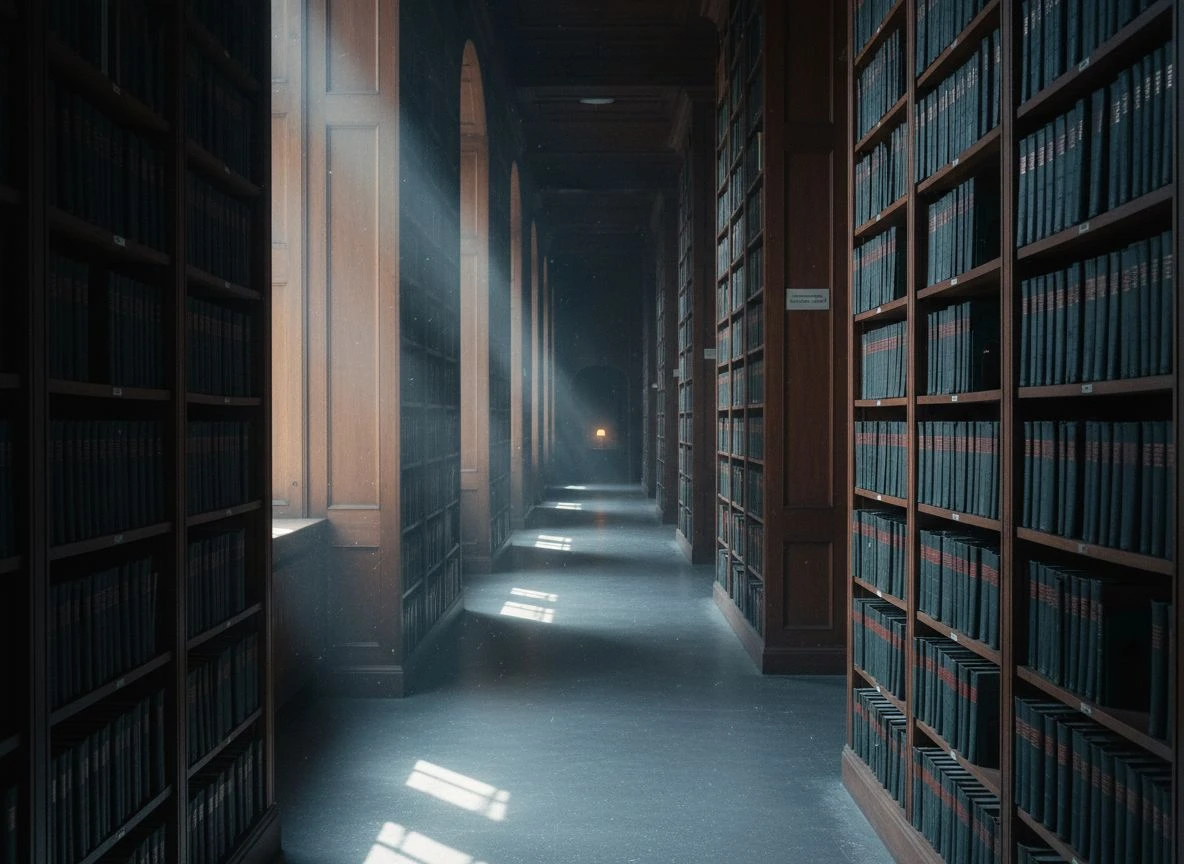 Empty library aisle with deep perspective and side lighting creating shadows and a vanishing point.