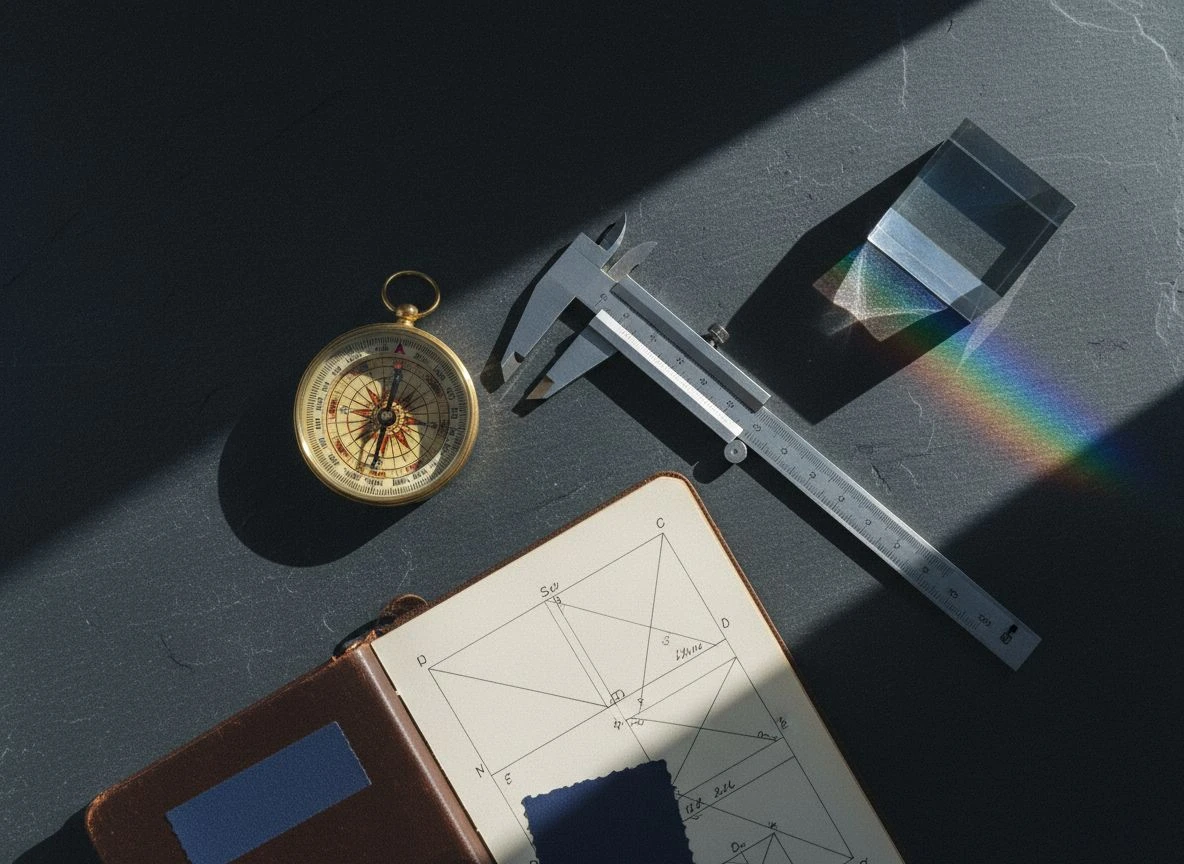 Flat-lay of brass compass, steel calipers, leather notebook with diagrams, and glass prism on slate surface, side-lit.