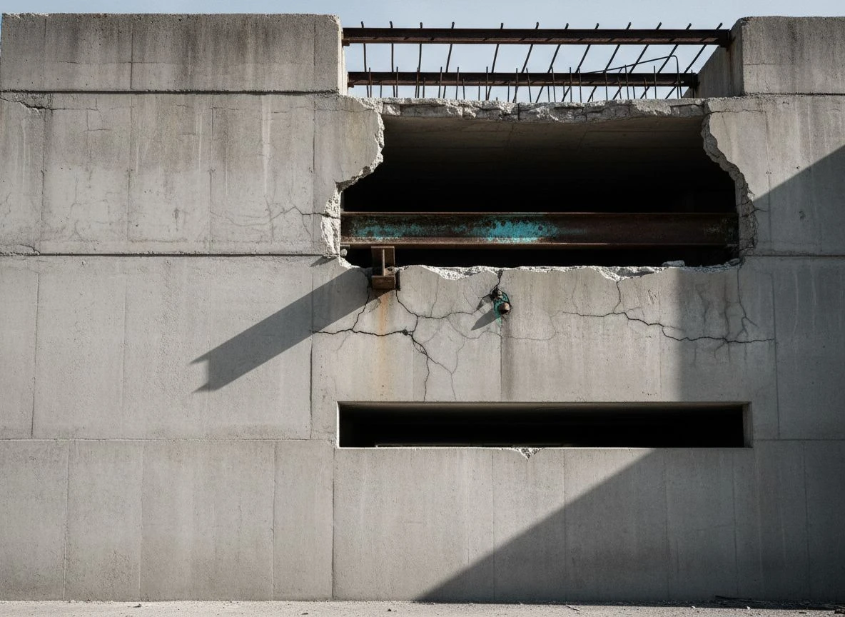 Four-stage concrete structure showing progressive decay from solid foundation to bare framework, side-lit with deep shadows.