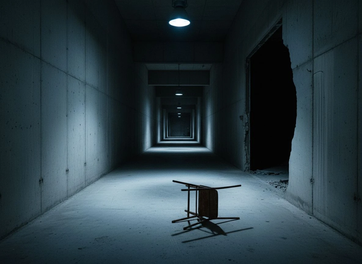 Empty industrial corridor with a single light pool, missing wall section, and overturned chair, conveying abandonment and forfeiture.