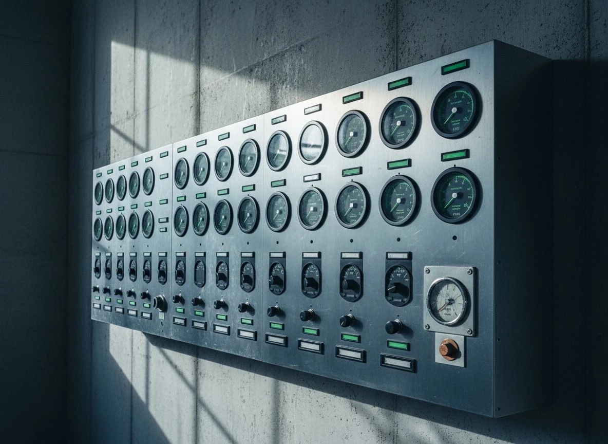 Analog dashboard with green gauges except one cracked gauge showing red near zero, mounted on concrete wall, side-lit.