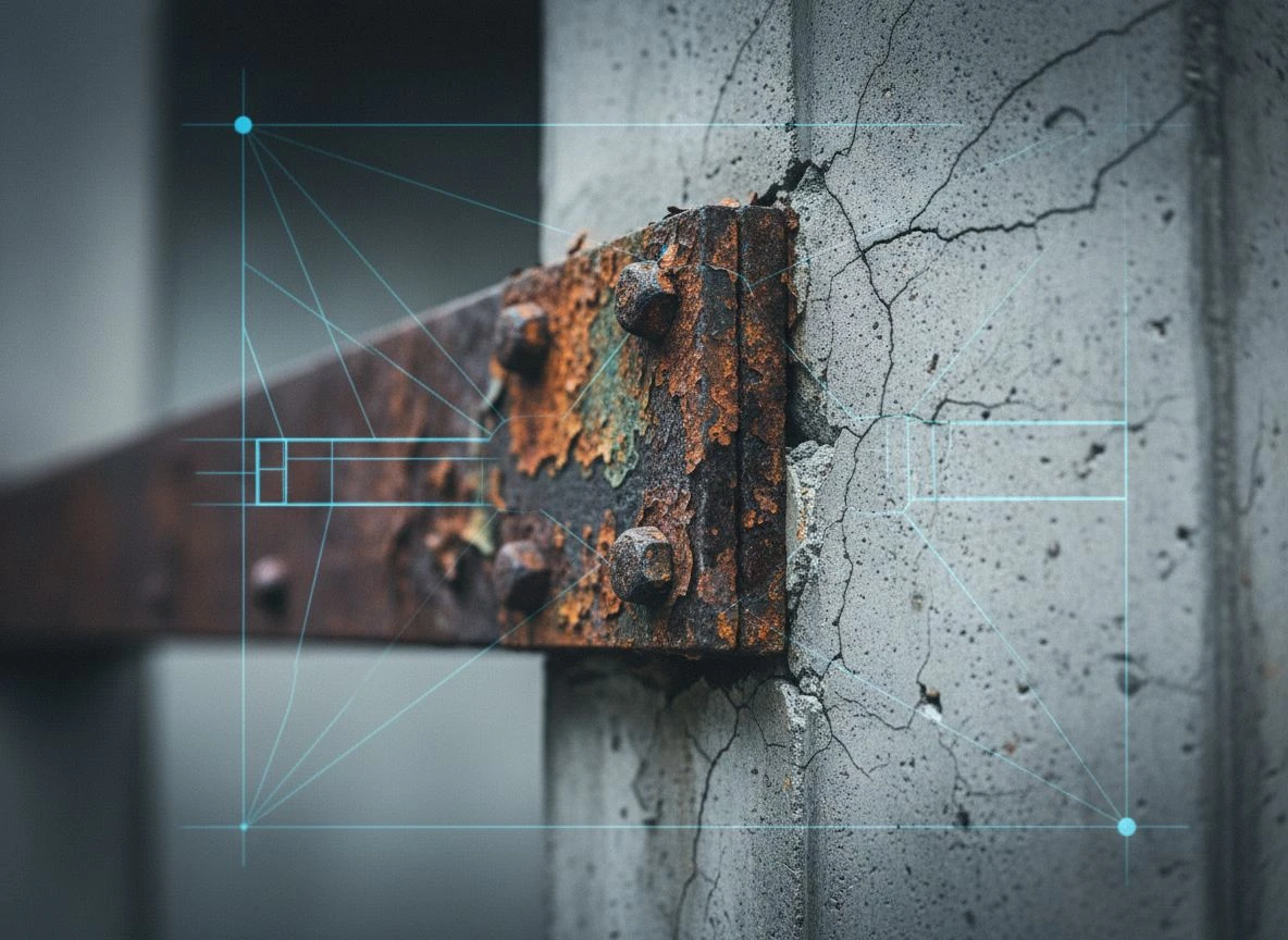Close-up of rusted steel joint with cracking concrete, overlaid with faint geometric wireframe, side-lit with cool tones.