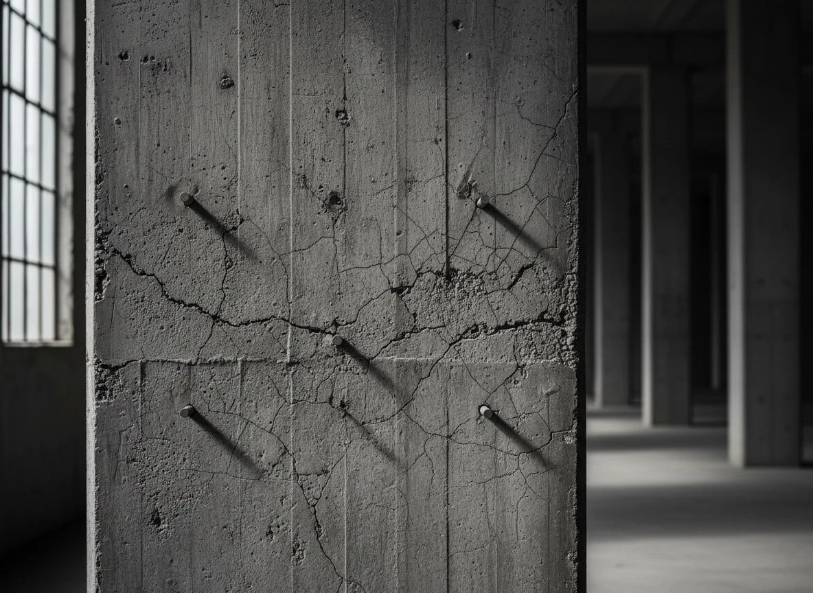Weathered concrete wall with hairline cracks spreading from small metal dowels, symbolizing cost asymmetry attack.